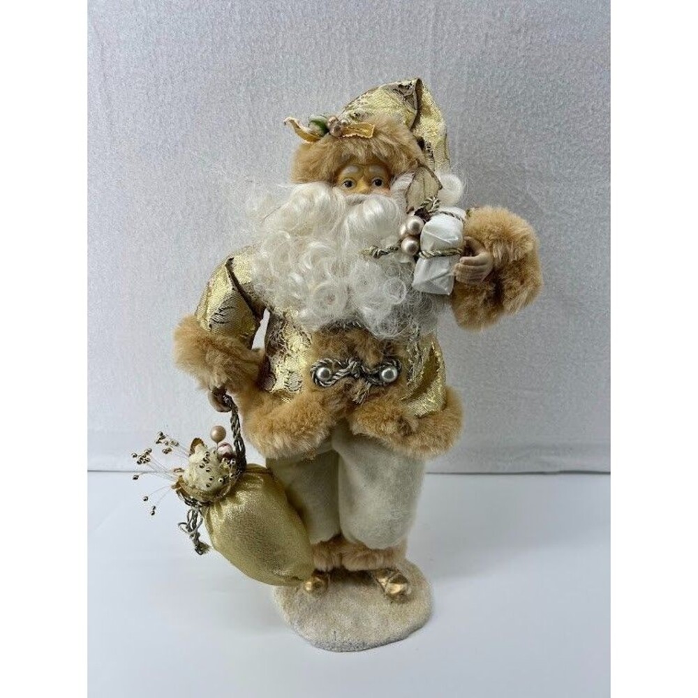 Vintage Kmart Santa Clause Figurine Gold & White Ornate with Bag and Gifts 14"